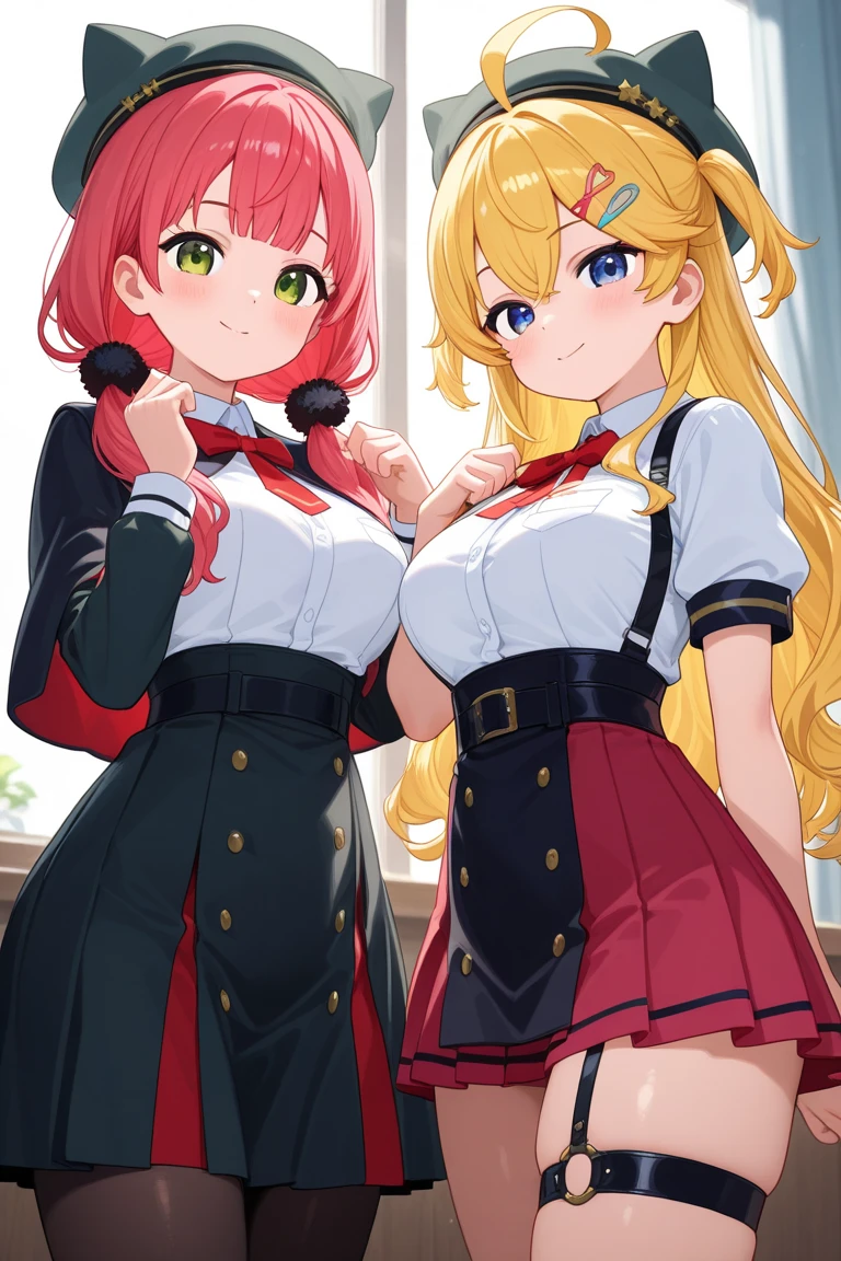 Score_9, score_8_up, score_7_up, source_anime, 5_fingers, precure, pink hair, blonde hair, multicolored hair, huge saggy breasts, multiple girls, group picture, 3girls, standing aligned, (salute), gold earrings, large breasts, jewelry, military cap, (military uniform), (epaulette), jacket, harness, thigh strap, black thigh boots, (layered skirt), miniskirt, evil smile, dark theme, dark persona, skindentation, wide hips,
