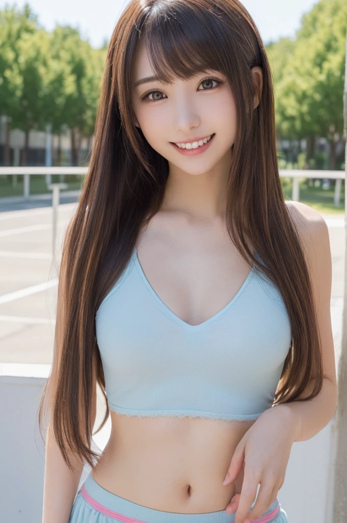 (highest quality, 32k, High resolution, masterpiece:1.5, ), Transparent air, The brilliance of youth, An award-winning masterpiece with incredible detail, Beautiful Japanese Girls, An exceptionally beautiful face, Shiny brown hair, ((Beautifully groomed long hair)), Asymmetrical bangs, Hair between the eyes, Beautifully trimmed, thin eyebrows, Magical big eyes, Moist black eyes, Clear double eyelids, smooth and transparent skin, Pale pink lips, Natural Makeup, Rich expression of emotions, (fleeting smile:1.4), (White tank top), High resolution perfect collarbone, High resolution beautiful bust, High resolutionの美しい太もも, (whole body:1.3), ((Marina Bay Sands rooftop pool)), Dazzling sunlight, Professional Lighting, Professional Photographer, Professional models, mysterious
