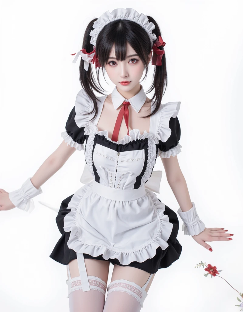 (best quality), masterpiece, Extremely detailed CG8K painting, high color, Extremely high color saturation, All colors are deepened, central composition, Extremely detailed light and shadow, The face and eyes are very detailed, medium length hair, sportswear, colorful clouds，beautiful nature，landscape，short black hair，white spaghetti strap dress，black hair，short hair，Punk style clothing，short black hair，maid outfit，Open navel，black stockings，black pantyhose，Medium breasts，hair to shoulders