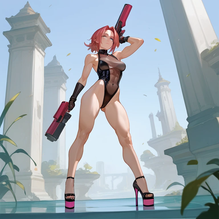 a girl in full body, standing against the wall, with a provocative smile, her hair color is ((pink with purple highlights)), her body is sensual and provocative, you can see her ((marked nipples)), she is wearing a ((micro bikini)) fitted to her purple body. with a small logo of a skull, her eyes are pink, short hair, pupils with a heart inside, behind her you can see a
((graffiti)) on the wall that says ((grim reaper for gaming)) masterpiece, ((big chest)), ((big butt)), in an ultra detailed suggestive pose, ultra detailed face, 8k, ultra quality sexy, big breasts