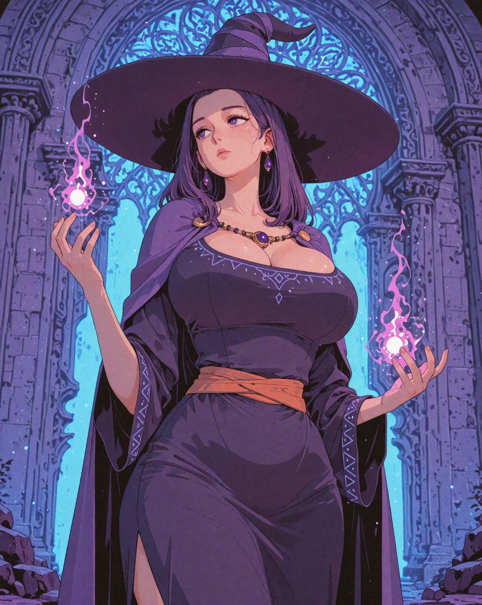 (masutepiece, Best Quality, High resolution:1.3), solo, alone, milf, cowboy shot, Description Girls, detail hands, Detail fingers, Detail Face, cute face, detail legs, overdetailed art, Fine details, (large breasts, wide hips, sexy), (black hair), hair bun, hair ornament, (purple long dress:1.2),(purple eyes), bare shoulders, jewelry, collarbone, detached sleeves, choker, purple dress, skimpy, twisted horns, (black horns:1.2),(Horns on the sides of the head), sexy, (crying mole), (graveyard), (night , dark, moon) , pink tattoo , bat