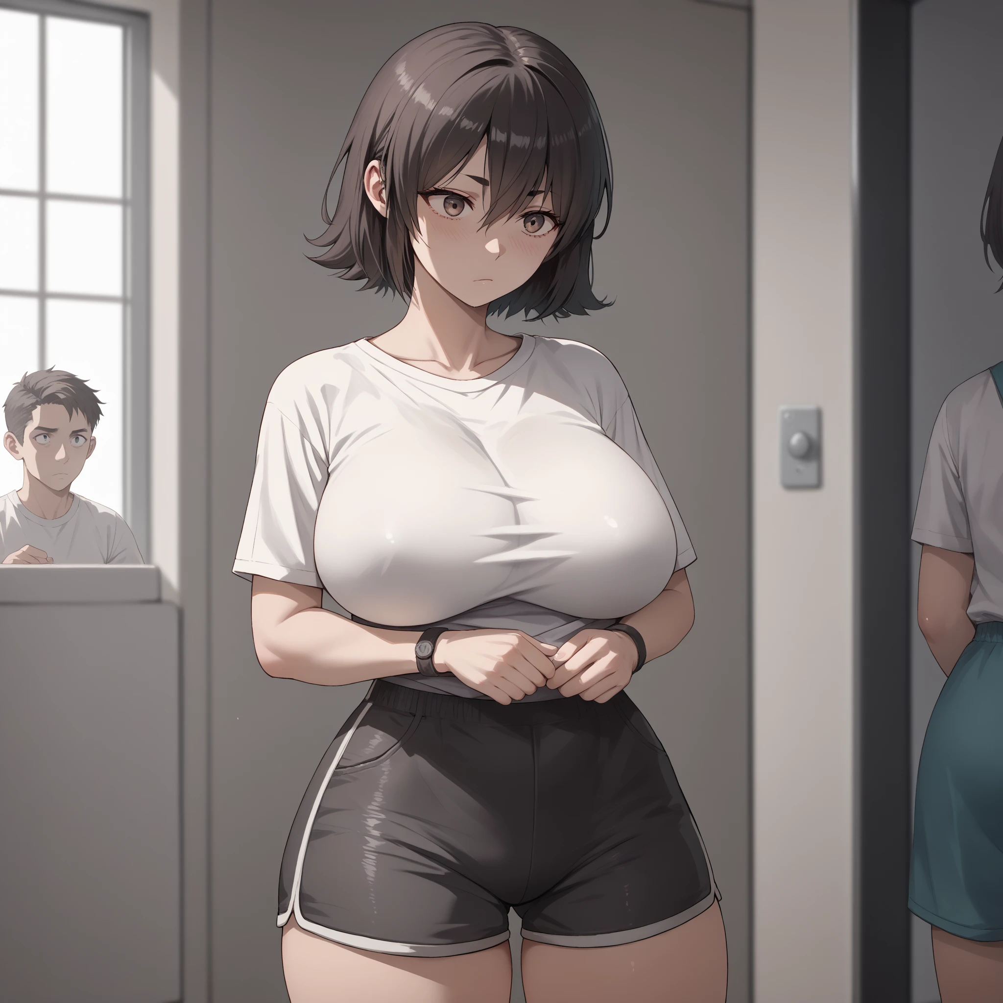 masterpiece, best quality, child, sisters, siblings, age difference:1.4, 2girls, size difference, height difference, (1girl, older girl, onee-san, big sister, medium hair, light brown hair, grey eyes, black shirt:1.4, long sleeves, pants, denim, tight shirt, see-through, big breasts, narrow waist, wide hips), (1girl, very short hair, brown hair, brown eyes, red shirt, short sleeves, black shorts), indoors