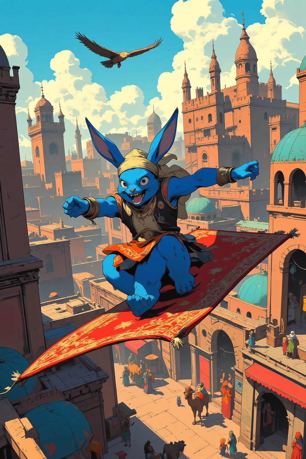  A Bipedal Blue Rabbit Rides on a Big Magical Carpet ,  Rabbit flying at high altitude,Turban Wrap Rabbit  , Bejeweled Vest  ,  Aladdin's Town Agraver  , Ultra Detailed Paintings Inspired by Anime Characters ,animation cel,animation celの詳細,Colored line art,  Medieval Arabian Civilization  ,Dome Roofs  ,Minaret ,  Merchant's Tent  , Dan DeCarlo and Don Bruce Mixed Art,vivid cartoon art,Arabian Nights, full color illustration ,  Circling Eagle  ,Camel,  Ultra Detailed and Fantastic Art  ,