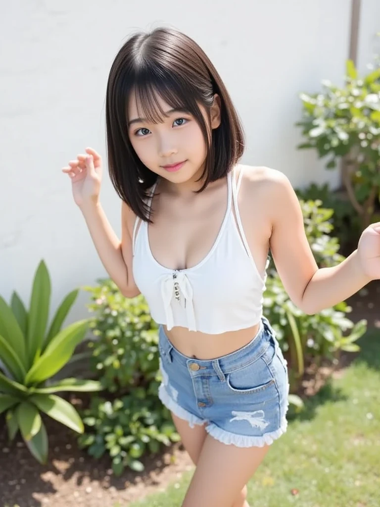 8K,Japanese,10 years old,Innocent face,Teenage Girl,cute,No clothes,Denim mini skirt、Her skirt is rolled up、I can see your white panties、Exposed thighs、her belly button is visible、Good top、Casual wear,Sitting,Spread your legs、Black Hair,garden,Hair Clip,smile