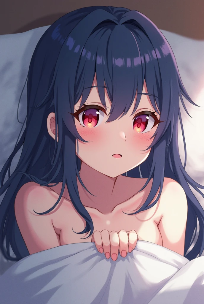 nsfw,1 girl,Solo,face focus,topless,panties,(blue hair),black hair,red eyes,long hair,Tsurime,Curvy,best quality, very aesthetic, absurdres,straight,masterpiece, best quality, very aesthetic, absurdres,v arms,Thighs