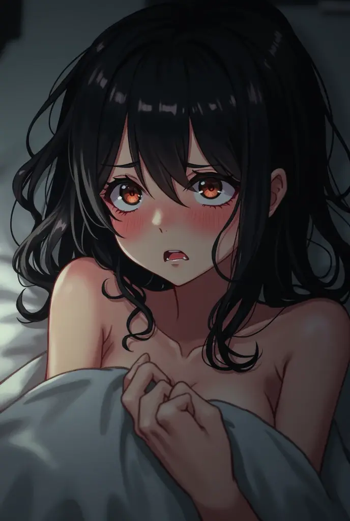 Anime girl with sweaty sockless feet,with your feet on the camera,blackquality hair,with her tongue wet out, She is in a bed moaning, no clothing,she is drooling