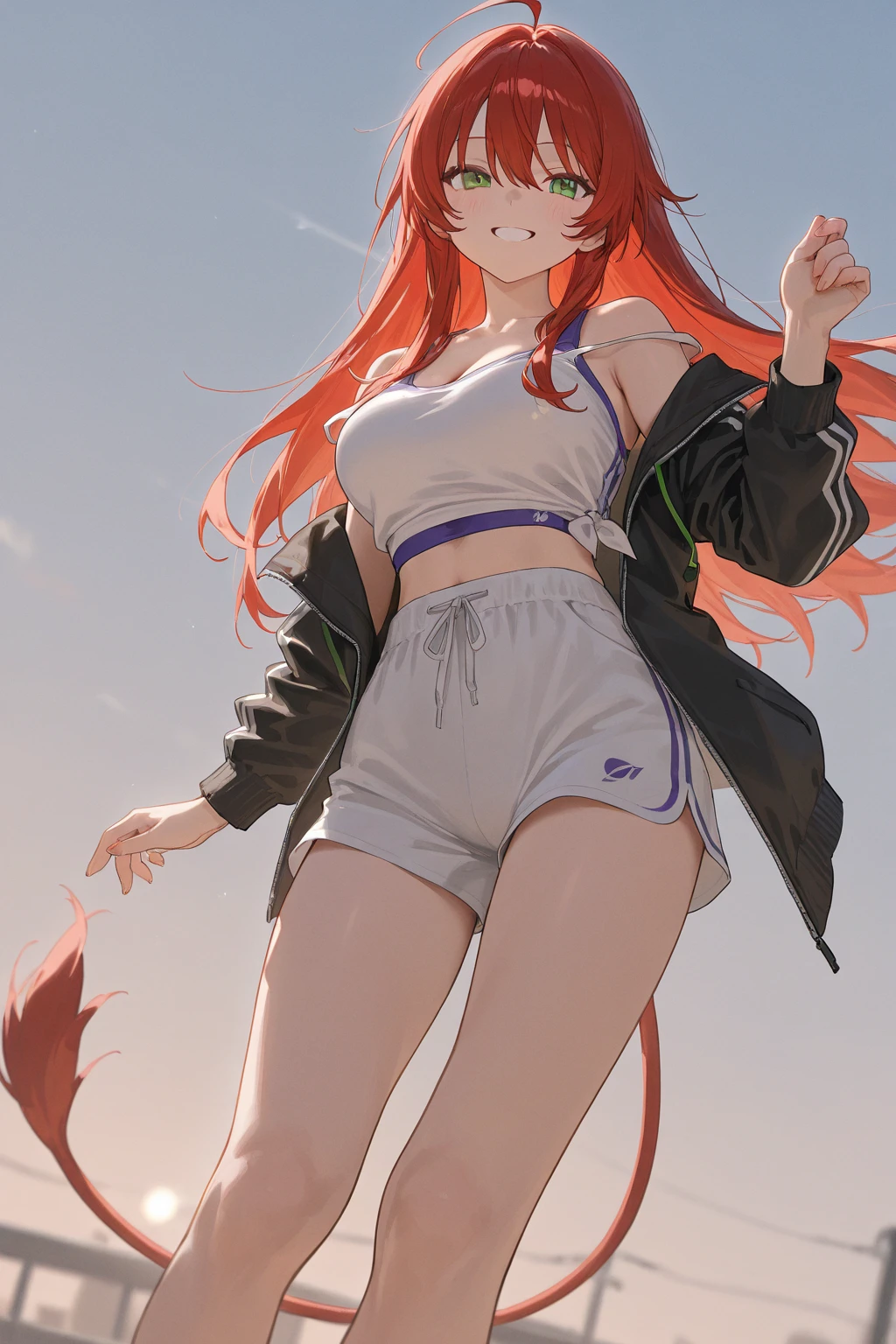 [nazuna hiwatashi], [Uploaded to e621.net; (Pixelsketcher), (wamudraws)], ((masterpiece)), ((HD)), ((highres)), ((solo portrait)), ((full body)), ((front view)), ((feet visible)), ((furry; anthro)), ((detailed fur)), ((detailed shading)), ((beautiful render art)), ((intricate details)), {anthro fox girl; pinn fur, black nose, (cute red eyes), (long eyelashes), (luffy red tail), (long red hair), (two toned hair), (hot-pink tips on hair), (curvy hips), (beautiful legs), (blushing), (thick thigts), (smug smirk)}, {(grey sweatshirt), (navel), (black yoga pants), (pink leg warmers), (white sneakers)}, {(standing), (hands on head), (stretching), (looking at viewer)}, [background; (park), (trees), (beaten path), (clouds in sky), (blue sky), (sun rays), (ambient lighting)]