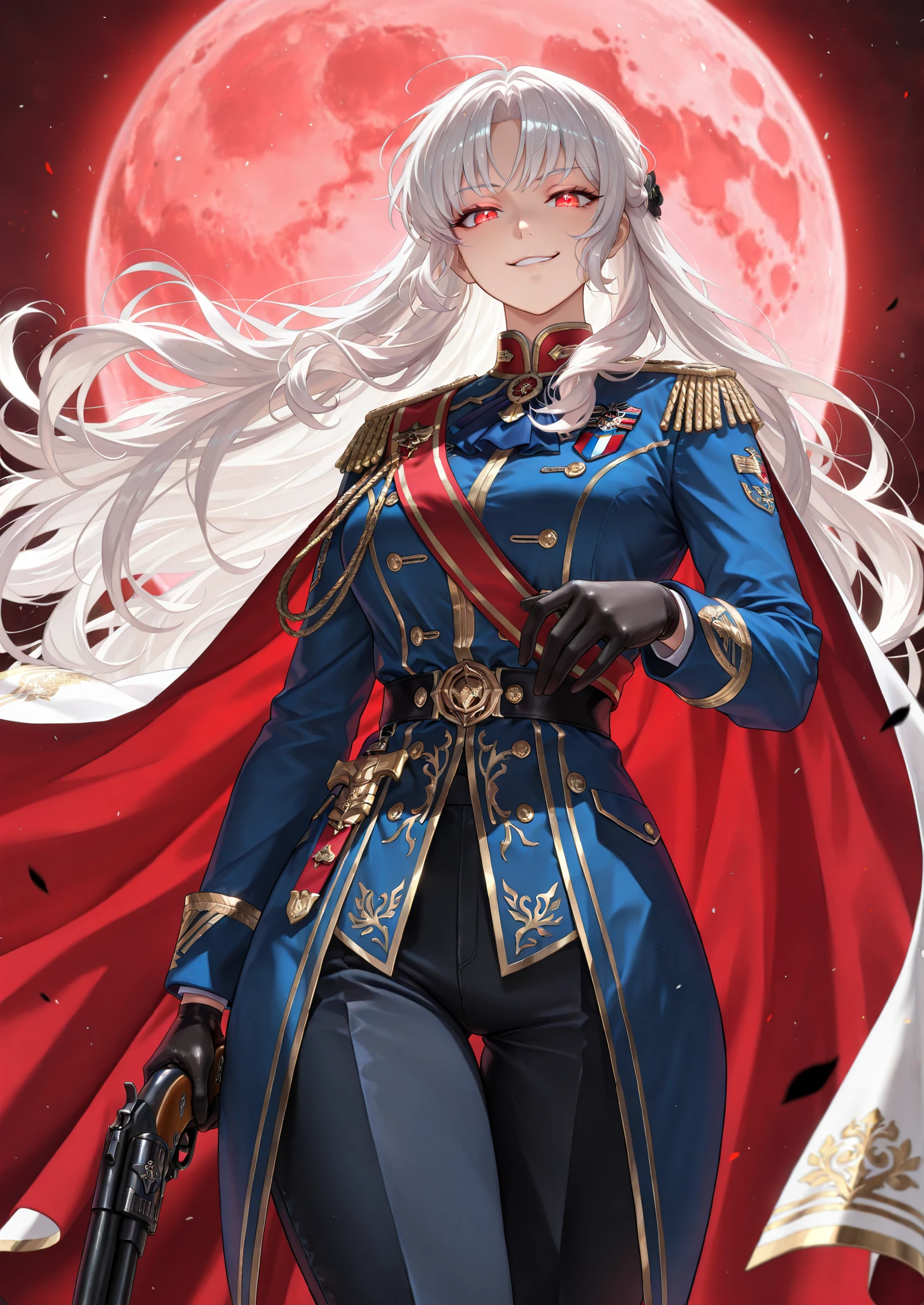 (in the style of a Solo Max Level Newbie:0.63), god rays, vivid colours, light stream, manhwa girl, detailed texture, masterpiece, masterpiece, best quality, amazing quality, very aesthetic, high resolution, ultra-detailed, absurdres, (hands:-0.15), dramatic lighting,
(1girl, beautiful, lady, young, solo, female:1.25),(angled shot, looking away from viewer, turning body, dynamic pose, medium shot:1.2), white hair, messy hair, very long hair, wild hair, ruffled hair, red eyes, glowing eyes, capelet, Assassin's Creed, (white dress:0.42), french royalty, flower ornaments, black flowers, blood moon, red moon, white royal uniform, golden trim, red crest, formalwear, officer's uniform, honor guard, diagonal cape (smirk, relaxed, war, bloodlust, arrogance:1.24), lever action shotgun, large shotgun, spas-12,
BREAK, depth of field, volumetric lighting