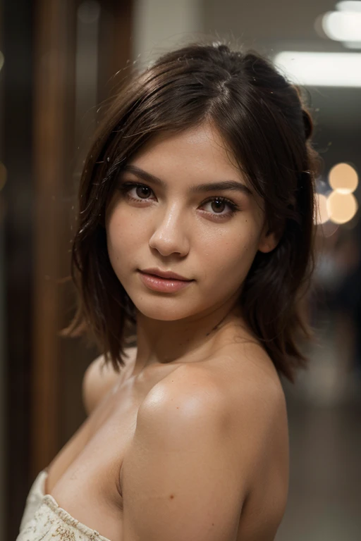 25 ans, brune, yeux marrons, delicate, professional light, flash lit, cheveux de longueur moyenne, grains de beauté, sourire romantique, Seductive look, bonne couverture, éclairée par les flashs des photographes, skin details, pores de la peau, visage fin, cheveux long, yeux marrons, HD, 8K, masterpiece, sourire romantique, on the roof of a building, batman cosplay, batman, combinaison de cuir, at night, under the rain