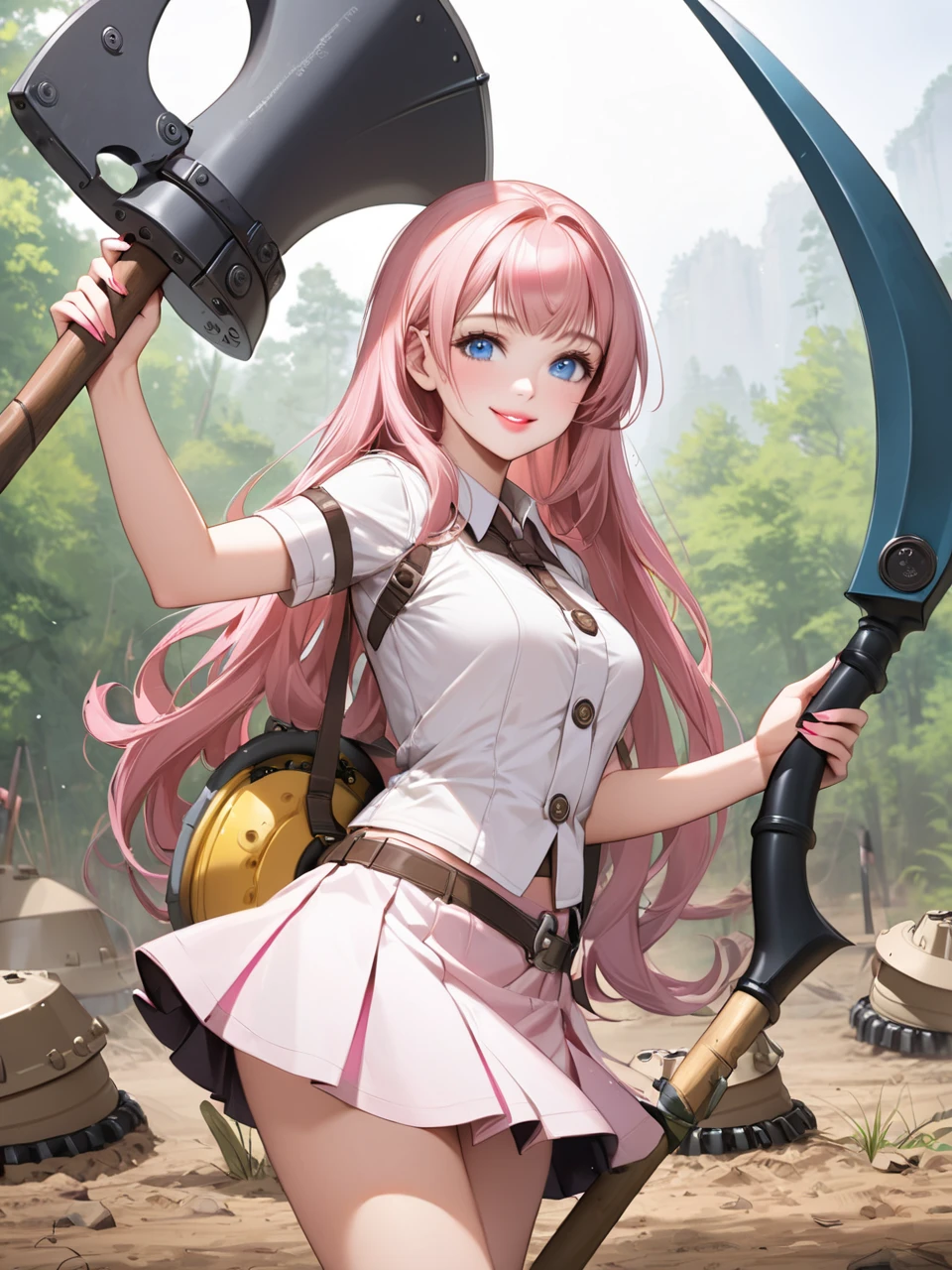 masterpiece,best quality,HDR,high-definition,Intricate Details,vray render,octane render,1girl, cute, holding an giant axe, long flowing pink hair