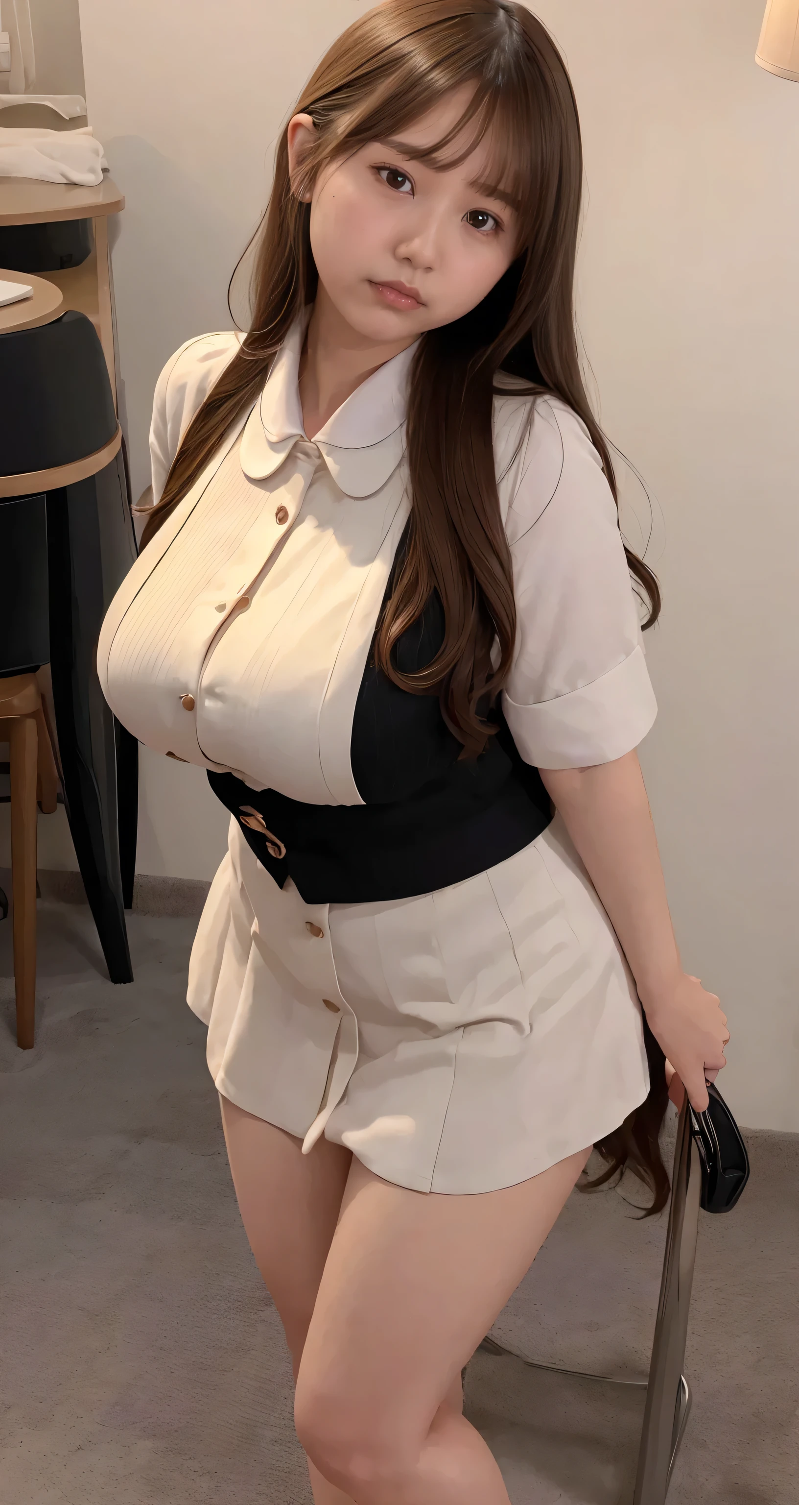 photorealistic,and sharp focus,Highly detailed, masterpiece, ultra-detailed, illustration, best quality,Full body,((2 girls)),(Stand side by side),((1 girl Body facing forward)),((other girl Body back facing forward)),bangs, Double ponytail,BDSM,blush,black collar,arms behind back,bondage,neck lock in a steel collar,hands behind her back in steel handcuffs,wrist attached to her collar with a piece of chain , Large window, City view outside window, white shirt, The neckline of the shirt was wide open,jewelry, ((huge breasts:1.4)),mamianqun, black stiletto heels
