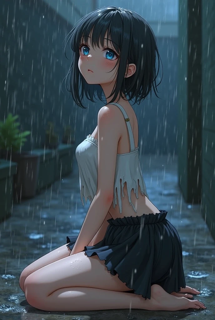 (masterpiece,best quality,ultra-detailed,intricate,detailed face,detailed eyes,beautiful eyes),((rain:1.5,屋外、大都市の大通り))、(1woman,wet:1.5)、cowboy shot,20歳の美女、dark blue hair,medium bob hair,sad,(micro shorts, highleg panties、白色のTシャツ、濡れた衣服:1.5),(slender body,medium breasts,wet:1.5, gleaming skin),standing,from front,(depth of field:1.2),nsfw,