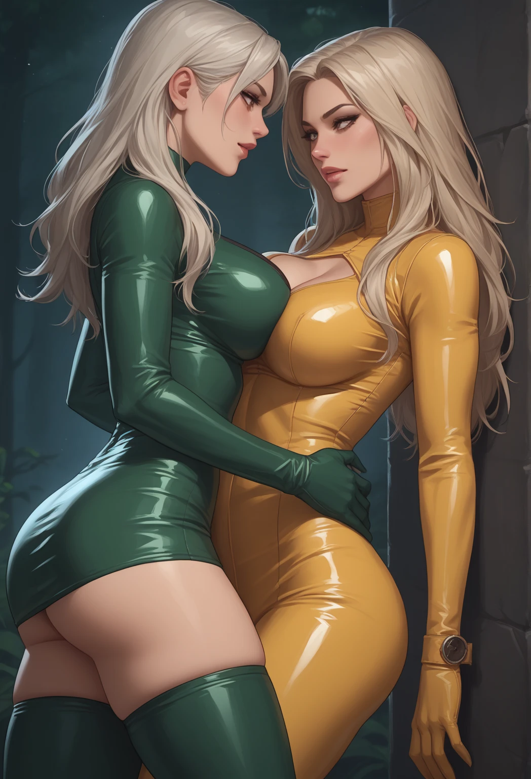 two gorgeous women, slime corset, ((biopunk)), long blonde hair, long red hair, slime pants, belts and straps, pouches and vials, chains, standing in an biotic workshop, green bubbling liquids and slime, see-through clothes, transparent slime, nsfw, lesbian, lewd, fondling, kissing