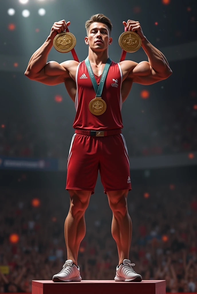 NAME ABOVE BATTLE OF THE OLYMPICS IN THE CENTER A 1ST PLACE MEDAL GOLDEN BACKGROUND