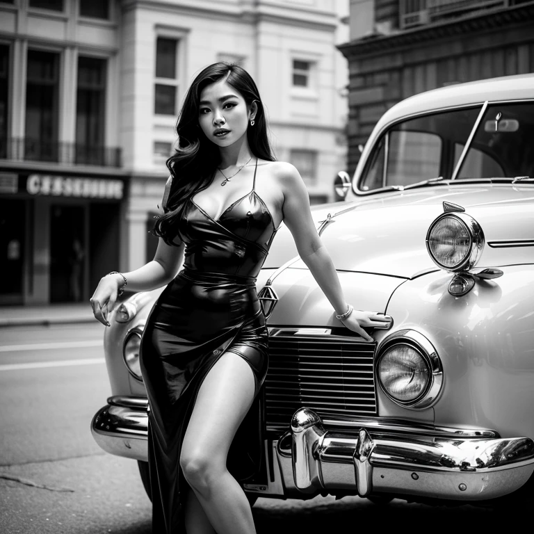 photorealistic, ((Black and White photography:1.6)), ((low-light photography:1.6)), best quality, masterpiece, full body view, view from above, skinny beautiful China sensual actress Li Bingbing in a very open biker leather jacket laying nudist on top of the hood of classic car on the street at night, ((Li Bingbing very realistic face:1.3)), ((very beautiful thin face, perfect detailed alluring eyes, very pointy nose, very sexy lips :1.3)), ((very flirty face expression, very horny smile :1.3)), ((pale white skin:1.5)), ((mohawk hairstyle:1.3)), ((very skinny body, six-pack abs, very skinny legs :1.3)), (only wearing (a very open biker leather jacket:1.4)), ((very very enormous breast:1.4)), ((areola protruding:1.2)), ((very very pointy nipples:1.4)), ((no bra, no bikini, no panty, no underwear :1.3)), ((spreading legs very wide:1.3)), ((exposing very loose vagina and very dense pubic hair :1.6)), ((very very dense pubic hair:1.6)), ((very very thick pubic hair:1.6)), ((very wide open vagina hole:1.4)), ((perfect body anatomy:1.3)), ((perfect hands shape, perfect fingers shape :1.3)), ((sensual laying pose:1.3)), (background is (a hood of classic car on the street at night:1.3)), ((perfect laying pose on top of the hood of classic car:1.3)), sensual photo of Li Bingbing nudist erotically on the street in Black and White film color, ((dark lighting, lens flare, sharp focus :1.3)), photography concept of cheap Chinese porn actress, editorial erotic model photography, Playboy magazine editorial photo, fine art nude photography, 90's nude photography, award winning nude photography