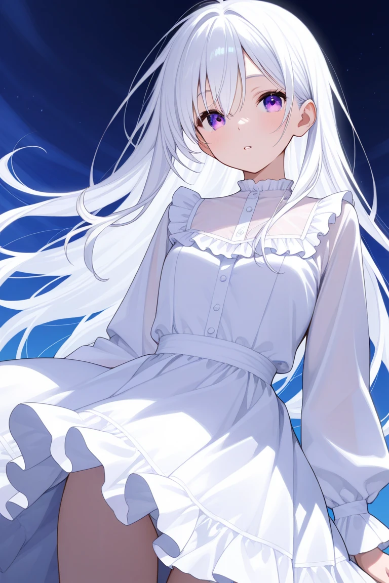 1girl in, (masutepiece:1.1), (Best Quality:1.1), (White blouse:1.1), (checkered skirt:1.1), student clothes, high waist skirt, BREAK [Blue:Pink:0.5] theme, (Gradient background :1.1), Break Silver Hair, length hair, , verd s eyes, Intricate and detailed tiaras, sideways Facing,wind lift,(Panties:1.2),((Open Shirt)),White bra,Sit up
