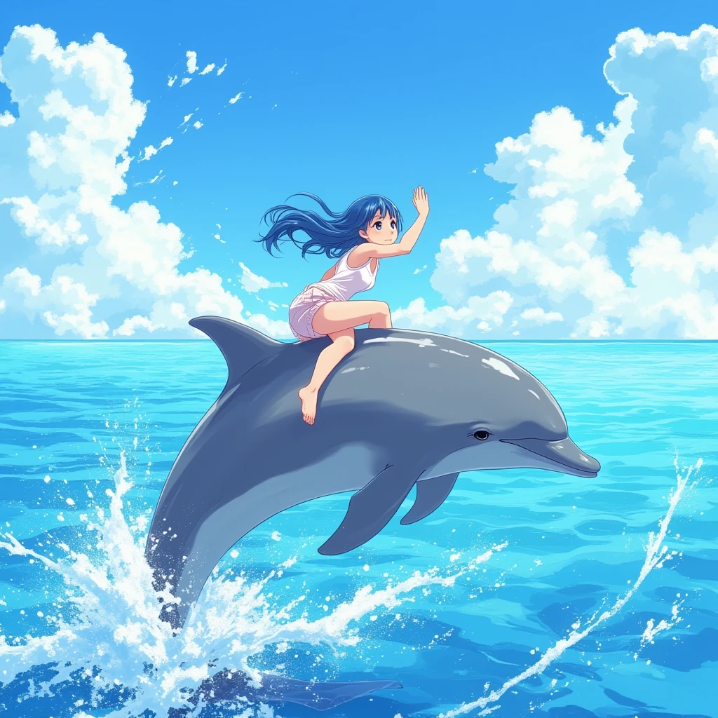 Three young women in swimsuits are catching a large dolphin on the beach.、high resolution、Black-haired woman、Japanese、Holding a dolphin