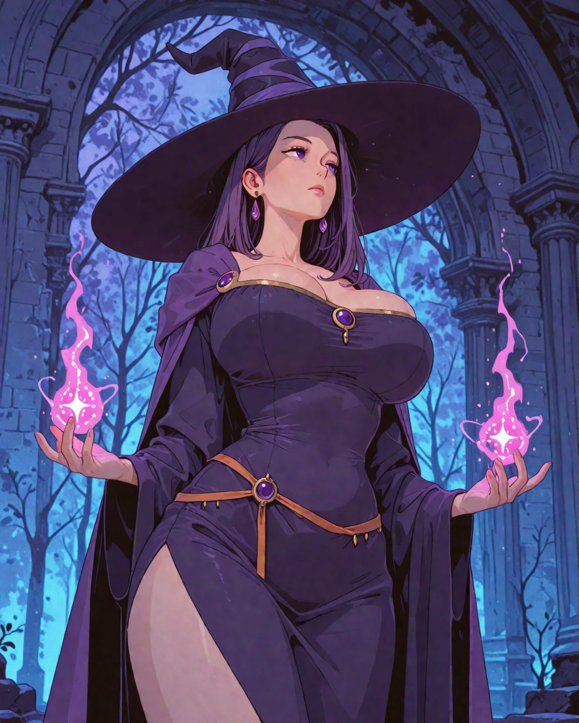 (masterpiece, top quality, best quality, official art, beautiful and aesthetic:1.2), (1girl:1.3), long and curly dark brown hair, ((extravagant updo)), Victorian style, extremely detailed, portrait, looking at viewer, solo, (full body:0.6), detailed background, close up, mischievous eyes, (cold midnight castle theme:1.1), extremely busty witch, huge lips, charlatan, smirk, mysterious, being seductive by a cottage in the forest, witch hat, broom, cauldron, revealing gothic witch dress, lace, extremely tight bodice, black attire, black skirts, long sleeves, loose sleeves, black leather, cloak, corset, black dress, fishnets, thigh high black boots, buckles, straps, pouches, glowing green magic energy, dark purple fabric, silver trim, black leather, gigantic breasts, cleavage, skindentation, slim waist, slim hips, long legs, medieval (forest cottage exterior:1.1) background, nighttime, dark mysterious lighting, shadows, magical atmosphere, dutch angle
