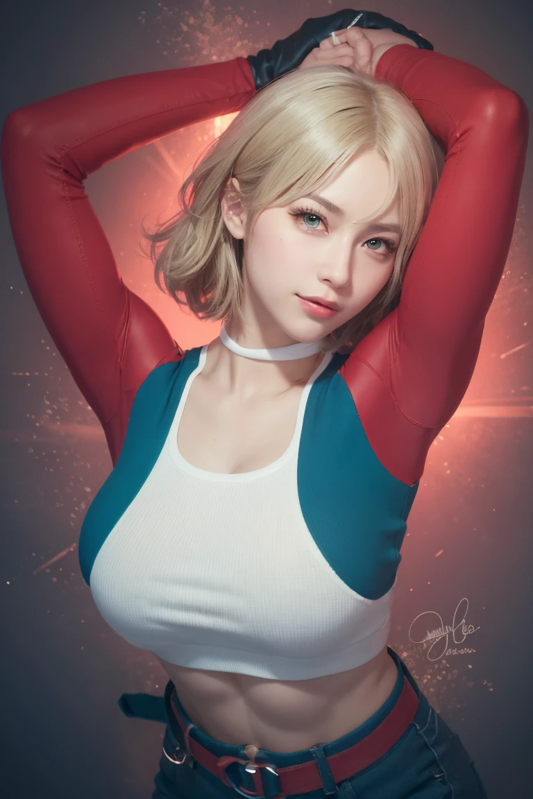 cammy 6 ,1girl , solo , tank top , yoga pant, abs, short hair , blonde hair , open jacket ,blue eyes , outdoor , standing , smile , happy , upper body , scar on cheeks ,gloves,