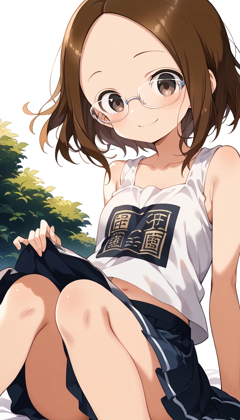 masterpiece, best quality, absurdres,
1girl, ,, blush, ,,camisole,, denim skirt,socks,looking viewer,,spoken heart,6yo,(petite),flat chest,,outdoor,grin,nsfw,socks,peace pose,squatting,open legs,spread legs,panties,(nsfw)