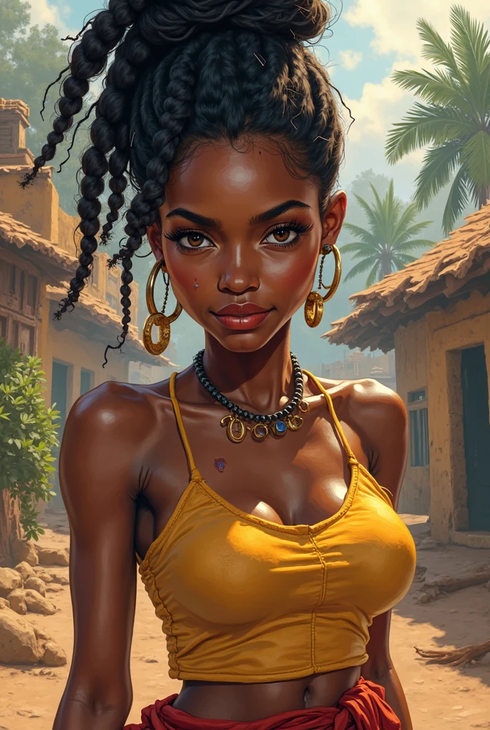 (((absurdists))), (((best quality))), (((masterpiece))), (((fantastic art)))), muscular 35-year-old African woman, Zulu warrior, large breasts, huge neckline, war paintings by the body, perfect and proportional body, black-skinned savanna warrior wearing very few clothes and many necklaces and adornments by the body, tiny bikini made of African beads, holding a spear and walking through the savannah, dry vegetation, very hot, she is sweaty and her black skin glows under the scorching sun of Africa