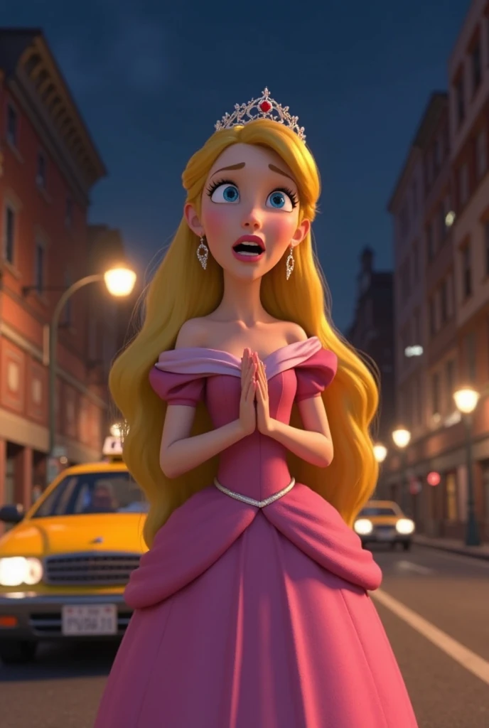 Create an image from a story where you can see a girl in a pink dress, golden hair, golden crown and a heart mask talking to some children in an urban field and hugging each other