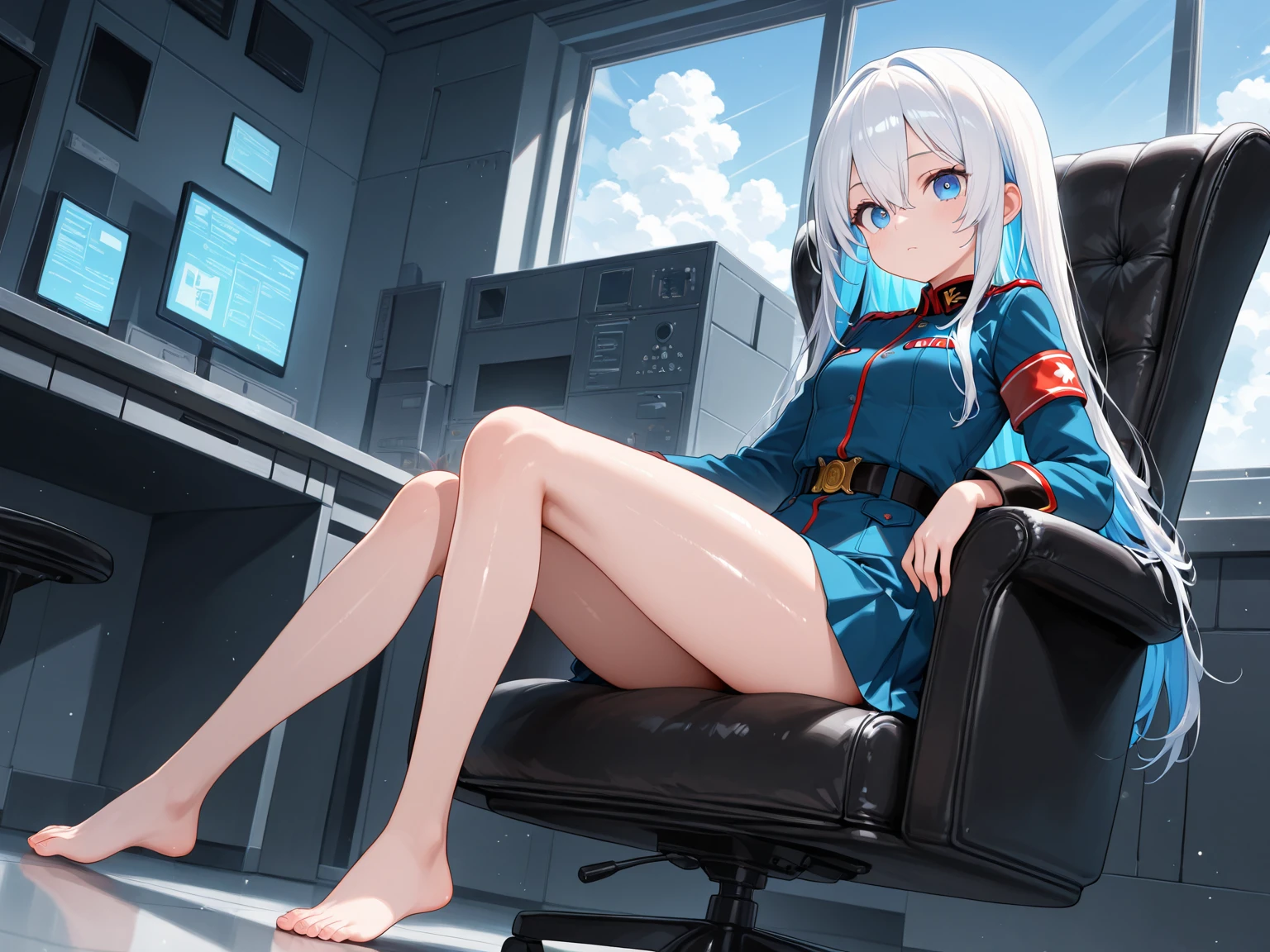 anime girl, white hair with pigtail, in red beret, grey-blue jacket, dark black skirt, crystal eyes, sitting at a computer desk