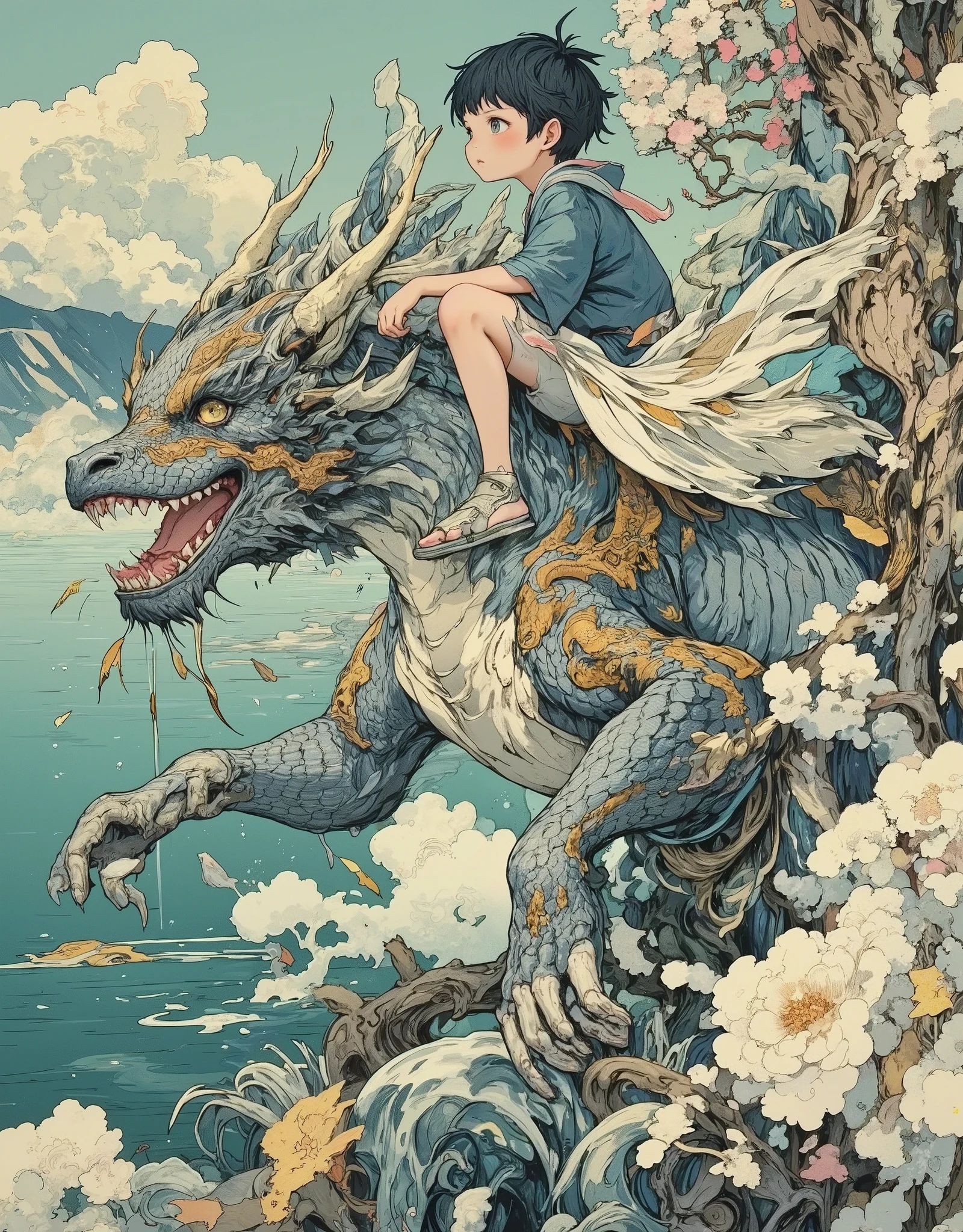 Ukiyo-e style, a giant dragon cat mount with scales the color of moonlight and golden patterns flies over a vast endless blue-green ocean. His wings, like antique fans, cut through the air, and his long whiskers sway in the wind. The hybrid of a cat and a dragon is a long, graceful body with feline grace, but covered with scales instead of fur. A large head with feline features (high cheekbones, narrow eyes), but with horns like those of an oriental dragon and long whiskers turning into smoky curls. The paws are feline, but with claws like a dragon's, and small movable tassels on the elbows. A long, flexible tail, with smooth transitions from scales to a fluffy tip, like a cat's. Translucent webbed wings, like a bat's, but with patterns reminiscent of Japanese fans. On the back of the mount is a boy in a blue haori, lazily chasing him with a willow branch. The saddle is made of black lacquer with carved patterns, the horse blanket is painted with oriental motifs. In the distance, misty mountains covered with snow, sakura petals swirling in the sky like flakes of snow. The sun rises from behind the misty mountain peaks.Light: Soft, diffused, as if through a silk screen. Colors: calm, clear — gray-blue, mother-of-pearl, interspersed with gold and ocher. Soft colors, smooth lines, the atmosphere of an ancient Japanese legend. A mysterious but peaceful mood— the boy and mount are not in a hurry, they seem to be floating in the sky, as in an old legend. A mixture of myth and everyday life — a huge beast behaves like an ordinary cat, and a controls it without fear.Composition: Asymmetrical, as in classical engravings, with an emphasis on the mount and the boy. Stylized, finely detailed digital art. Semi-realism, illustration, Ukiyo-e style influence.