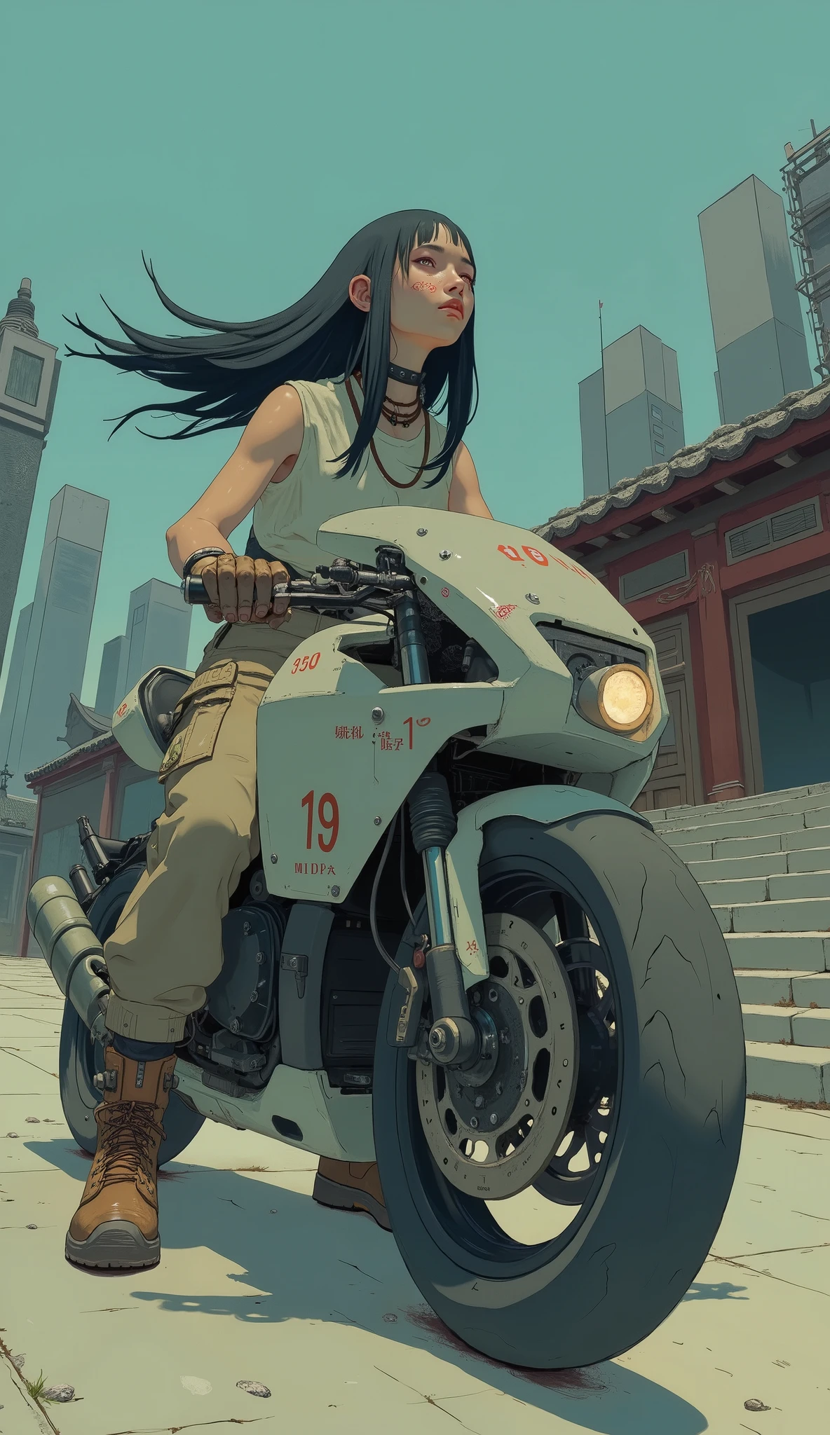 長い黒髪の人teeth、have a traditional roof and wide stone steps leading to a modern-designed building, teeth主にオリーブグリーンで、特徴的な番号 on her face "19" traditional style. バイクにteethモダンな建築要素が見える流線型のフェアリング, the clear blue sky highlights the urban landscape, teeth. この人teethノースリーブの白いトップスを着ています, brown cargo pants, and、The bike has a streamlined fairing with modern architectural elements, Rugged dark brown boots with a retro vibe. 設定teeth都市的です, on her face . 人の後ろにteeth、suggest a practical and stylish riding option, with characteristic numbers. is prominently decorated on the side, creates a quiet atmosphere. この構図でteeth、A vintage-style bike surrounded by modern and modern skyscrapers {x} The emphasis is on the contrast between classic bikes and modern urban environments。.