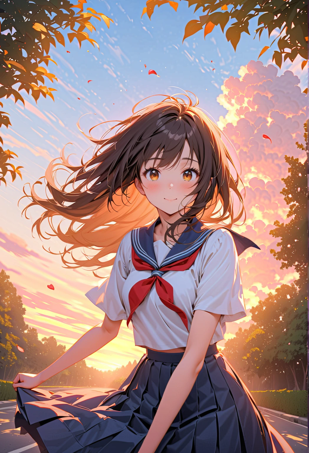 Let’s think step by step,Highest quality, masterpiece, Ultra-high resolution, 8k, Summer sky, early summer, (((Summer clothing)), Show anime style , One, Soft Line Art, Digital Enhancement, shojo anime touch, shojo manga core, Flowing fabric, close, Soft Drawing, Ultra-Definition Digital Anime Art, Clear facial depiction, Super detailed girl cartoon character art, Ultra-detailed manga style, Highest qualityの色, (Short brown hair)), Wet Hair, Staring at us from the front, Beautiful brown hair, Clear brown eyes, Slightly chubby,Small breasts,The butt is small,(((Charming smile)) , Landscape with nature, Look up at the sky,stretching,Wind-up, upper body