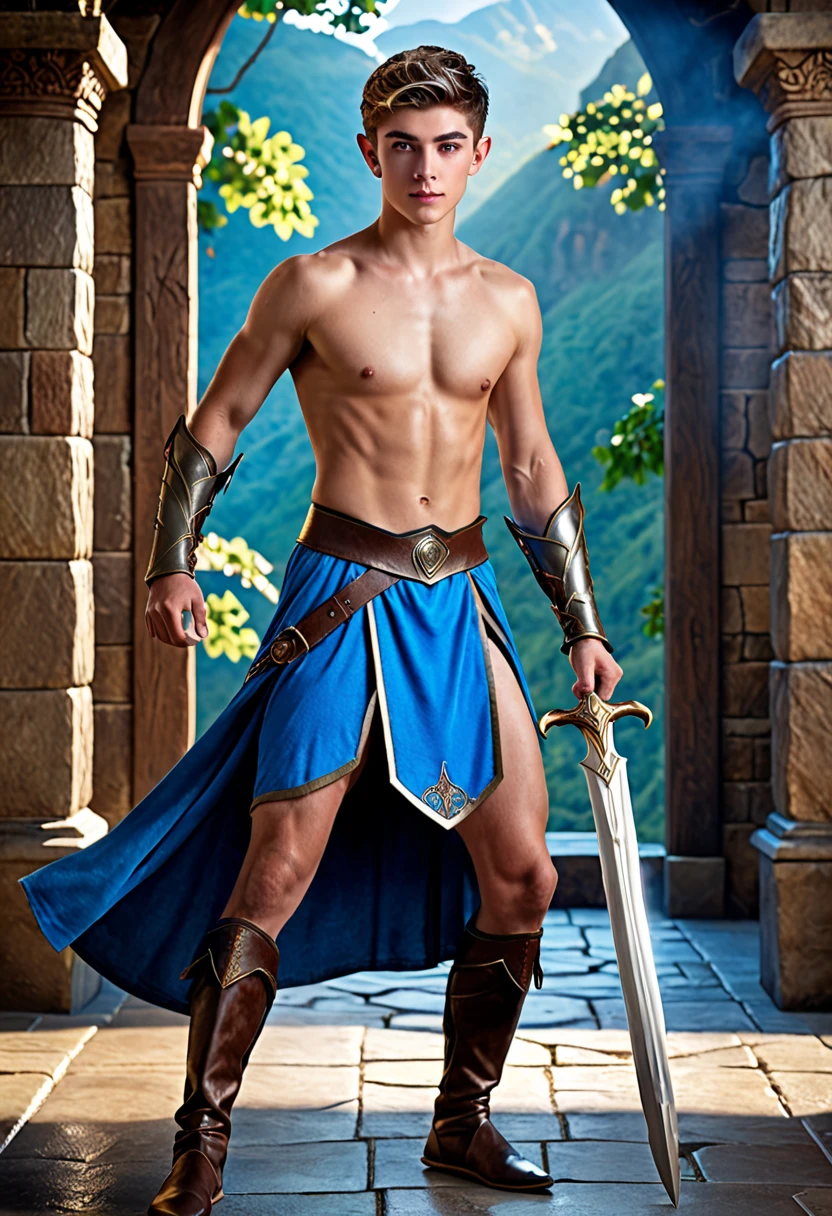 Logan, 25 years old. Handsome with long dark blond hair. with large eagle wings. Dressed in loincloth and topless. Standing on a rock above beautiful views. Photorealistic, Hyperdetailed,High Quality,8K