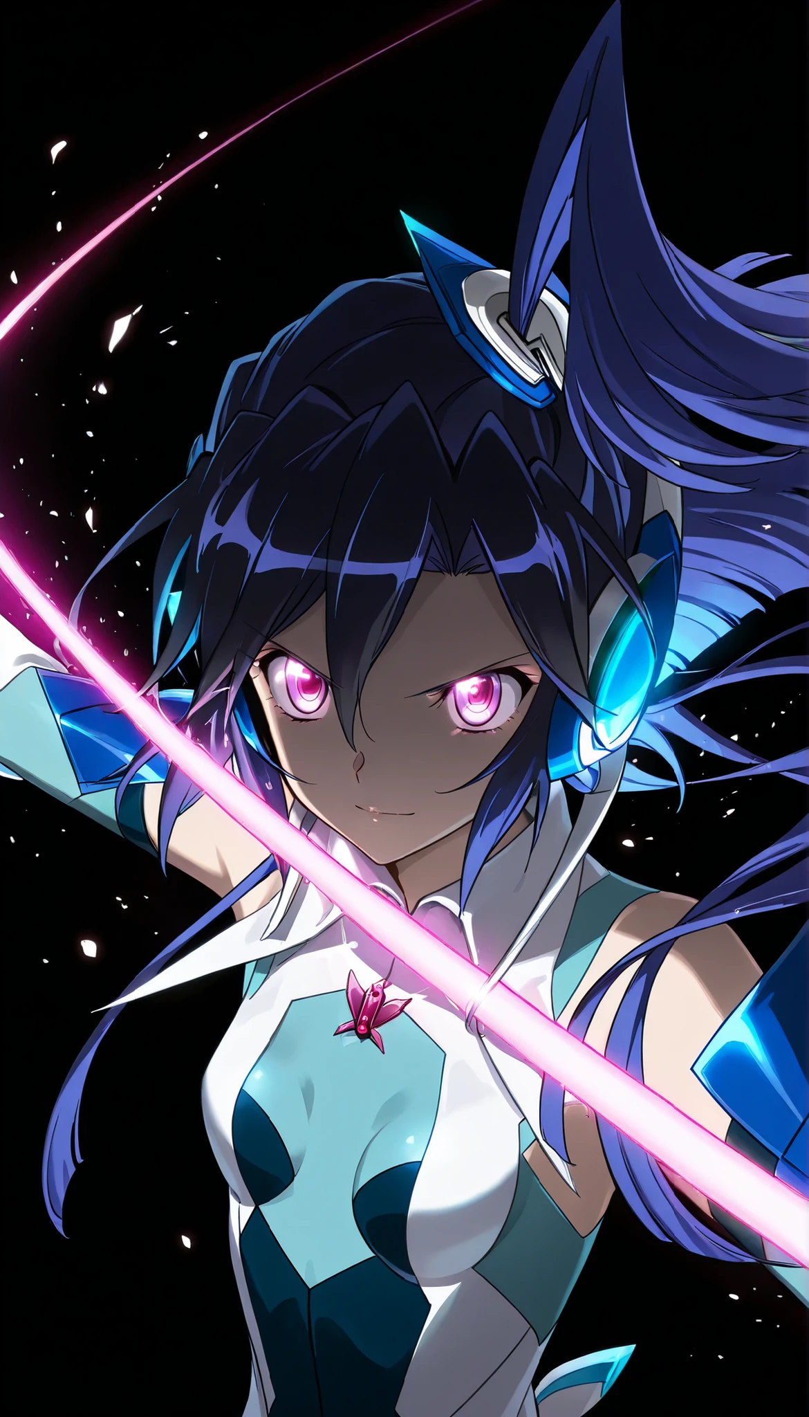 (1girls solo),symphogear, Kazanari Tsubasa, blue_hair, purple eyes, one side up, black hair, , short hair glowing eyes red eyes, light smile, Black background,colorful, lively, Shining Contours ,neon,colorful、Official Art、,viewer, masterpiece, Very Aesthetic、battle pose、Light powder、neon Hair、Swinging Hair、chest swaying up and down,