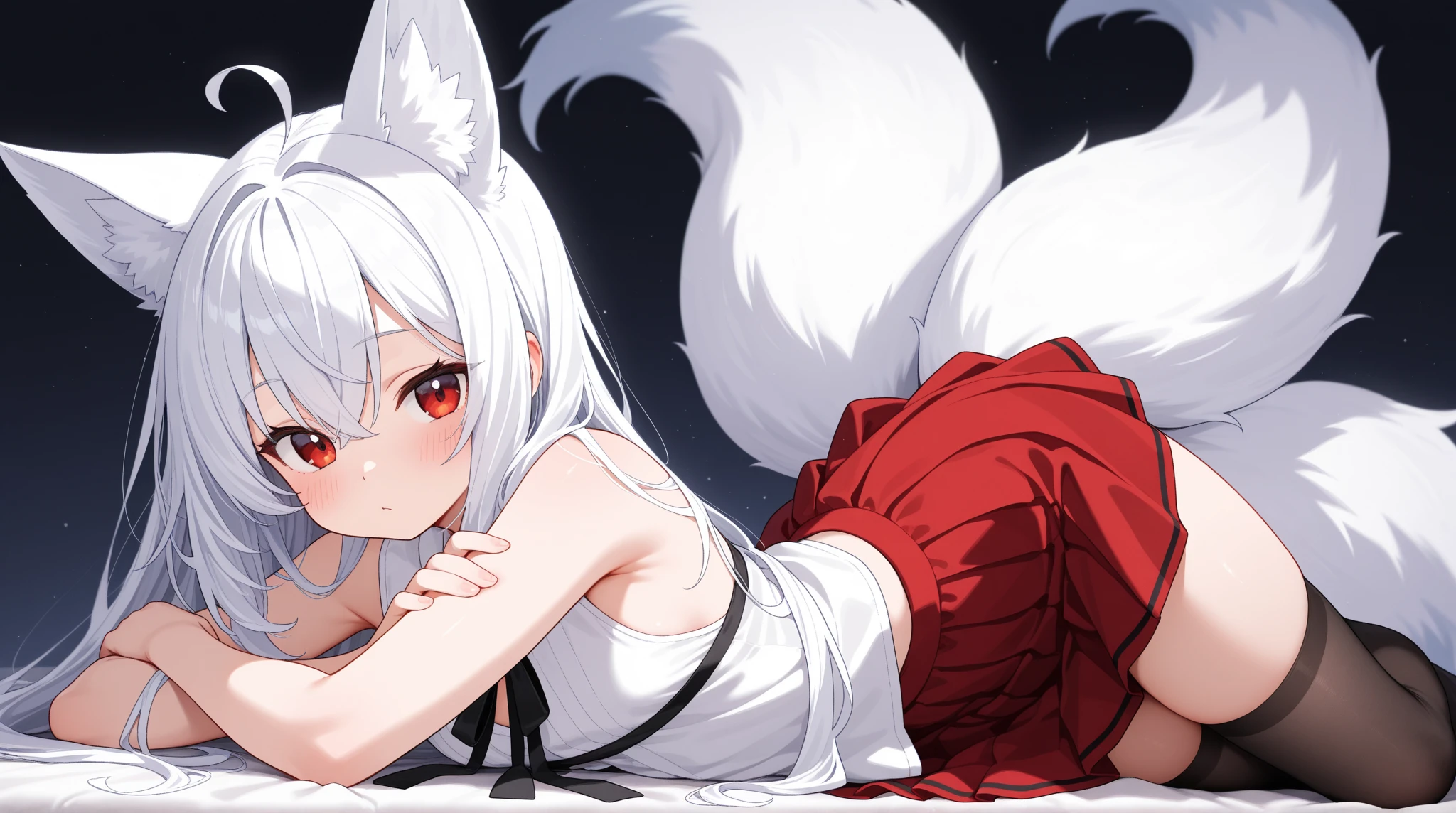 masterpiece, highest quality, highest resolution, clear_image, detailed details, White hair, long hair, cat ears, 1 girl, red eyes, white lab coat, white pantyhose, white scarf (around the neck), cute, full body, no water marks