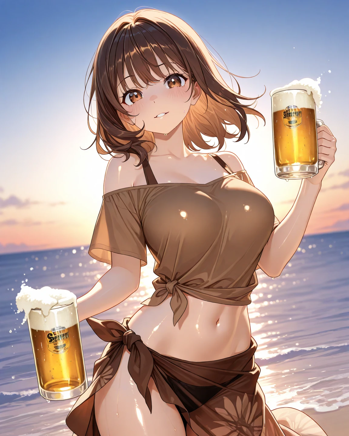 (score_9,score_8_up,score_7_up,score_6_up),masterpiece,best quality, source anime, rating_explicit, (((masterpiece))), (((best quality))), ((ultra-detailed)), ((illustration)), (1girl), (beautiful Japanese woman), (long black hair), (blue eyes), beautiful beach background, (wearing traditional bikini), (detailed face), (perfect anatomy), (detailed lighting front), (serene expression), (minimalist style),(cleavage:1.1), golden hour, (high contrast), blush, confused, vivid color , gold neckless, (drinking beer), ((swetty))