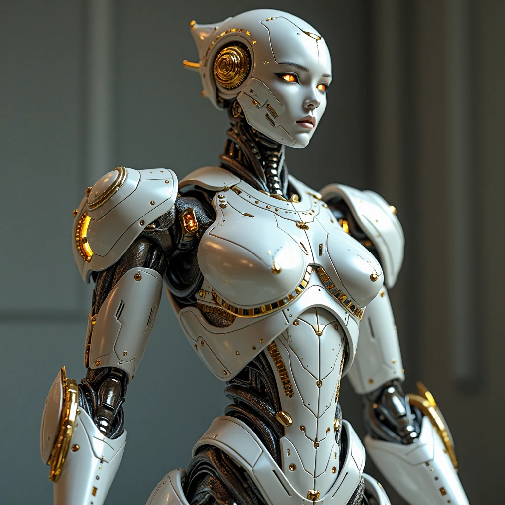 body, body, woman, Ultra-realistic, robot, cyborg, Plain background, Stands facing the spectators, super high quality, Metal, Dressed, (View your viewers)