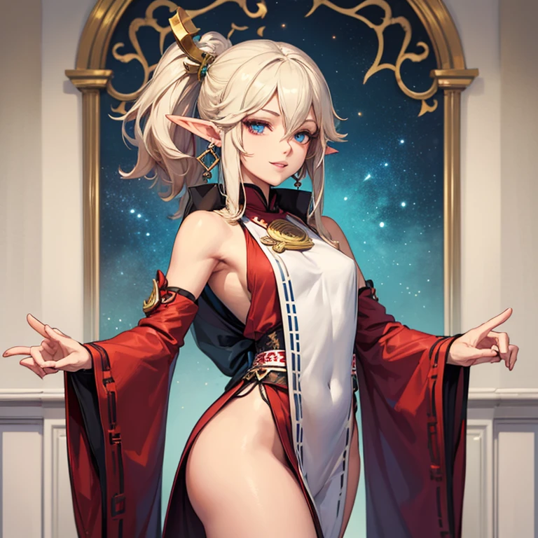 Rear view、red cloak、tattoo、red eyes、(((Touch genitals and spread gangbang)))、female organ、(((pubic hair)))、naked、Beautiful Girl Magician、blonde twintails、((whole body))、(((photo taken from below)))、darkness