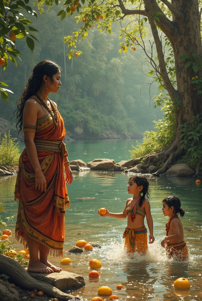 Pale white skinned North Indian slave woman with dark skinned child, and dark skinned south indian slave woman with pale white skinned child, gupta era, both are sitting beside a lake, threaten eachother with knives while sitting their own child on their lap