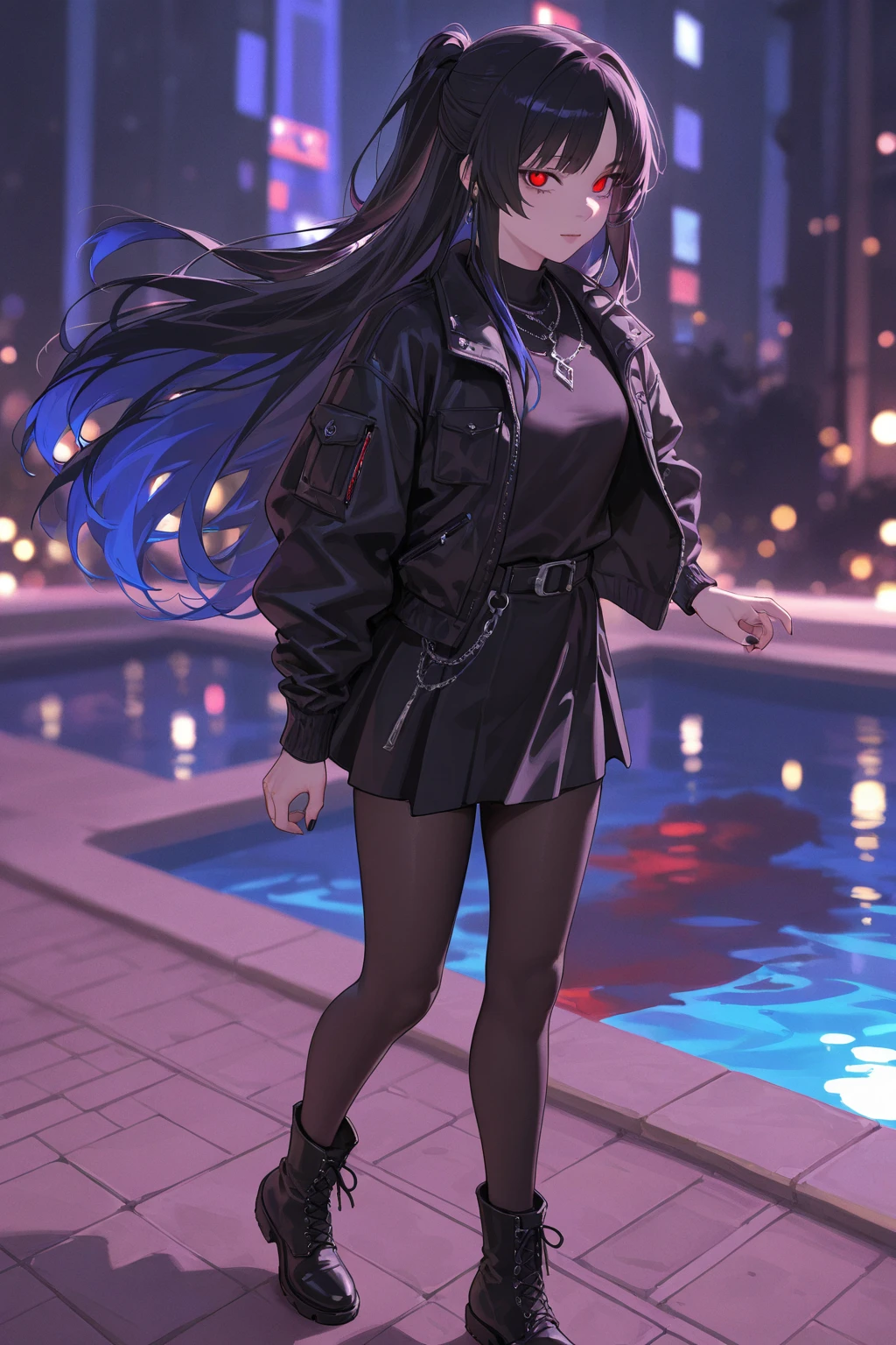 ((best quality)), ((highly detailed)), masterpiece, extremely detailed face, beautiful face, , (1girl), <lora:age_slider_v2:-1>, dynamic pose, full body, ((wide shot)), <lora:Ombre Hair:.7>, ((ombre hair)), two-tone hair, multicolored hair, <lora:hairdetailer:.8>, NEET, (fair skin), <lora:bags_under_eyes:1>, ((bags under eyes)), tired, sleepy, (very long hair), (((very messy hair))), dark blue hair, (blue eyes), frown, oversized hoodie, off shoulder, bare shoulders, collarbone, choker, skirt, barefoot, ((in a dark room)), lights off, (dim lighting), messy room, junk food, ((from behind)), (butt crack), (facing away), a large television, video game console, futon, at night, <lora:LowRA:.6>, dark theme, (outside, at a park, trees, path, city in the background, night, night sky, stars, full moon, telescope)