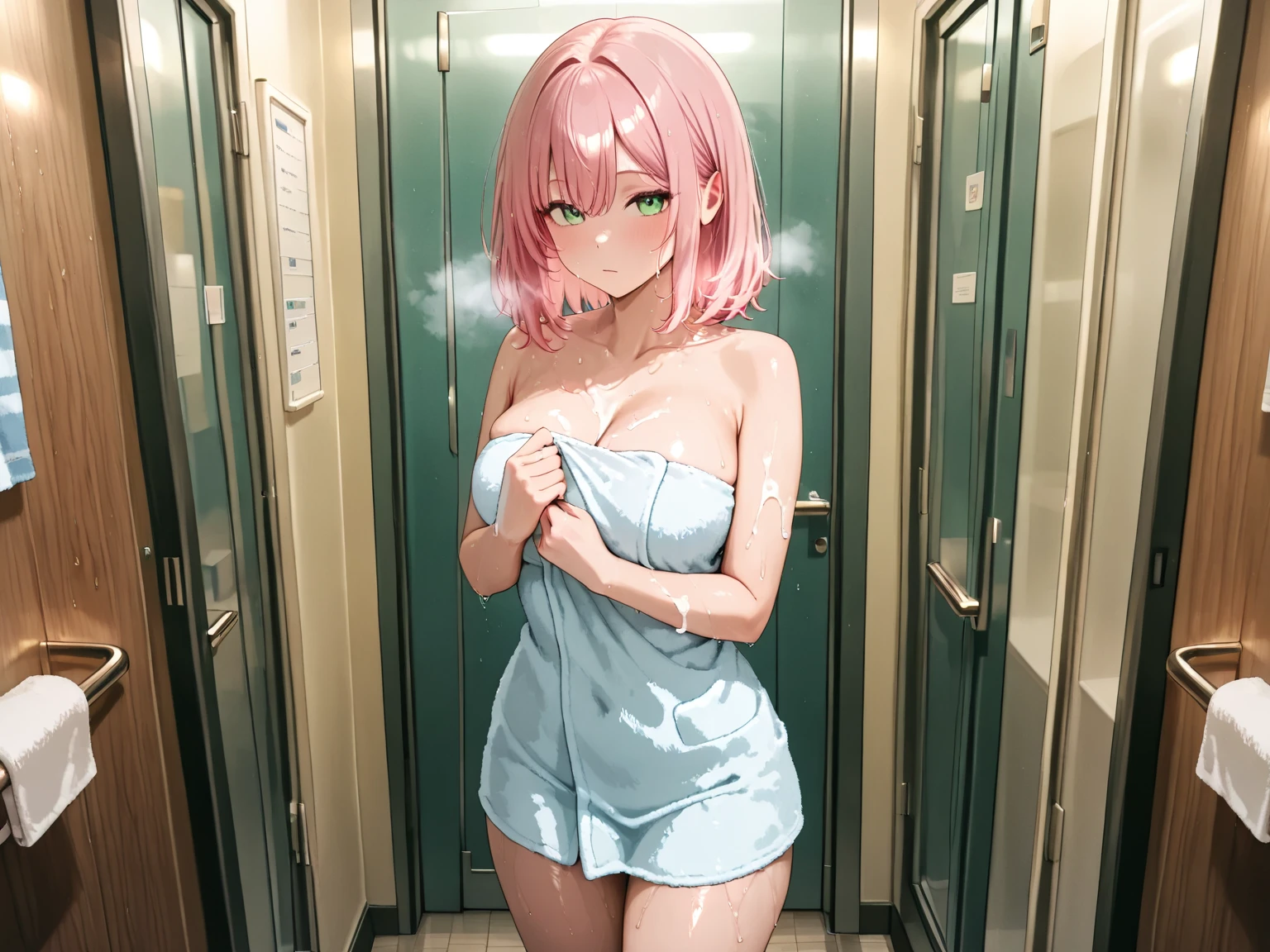 A young girl wearing a short white coat while fully nude with no clothes on.、provocative smile with open mouth、lightpink hair、high-level image quality、Anime style、Pussy、NSFW、A large amount of love juice is flowing from the、Being in the changing room