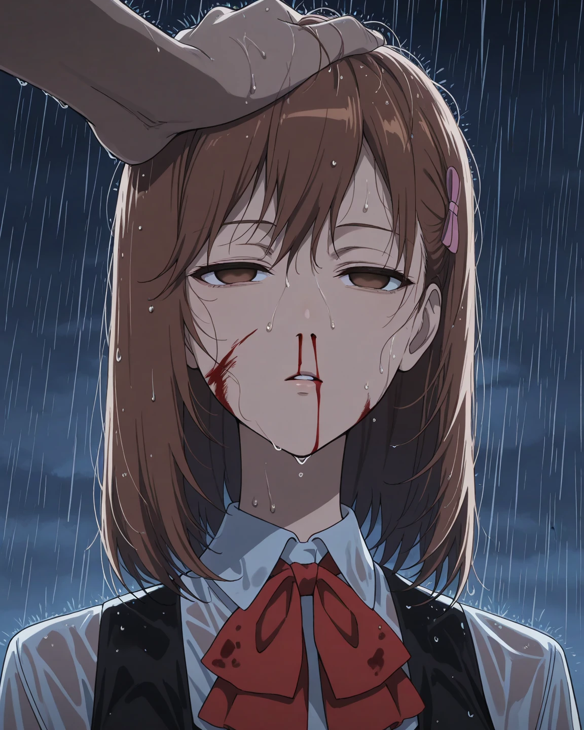 heart-shaped pupils，(sfw), (masterpiece:1.2), best quality, masterpiece, highres, original, extremely detailed wallpaper, (ultra-detailed), (best illustration), (best shadow), (Kobeni), big breasts, perky breasts, (white collared shirt), (blood stain:1.1), (horrified:1.2), (black necktie), (shirt stain), (stained), 1girl, looking at viewer, (scared:1.2), (tears:1.1), (brown eyes), (peace sign),tongue out, tongue, heart-shaped pupils