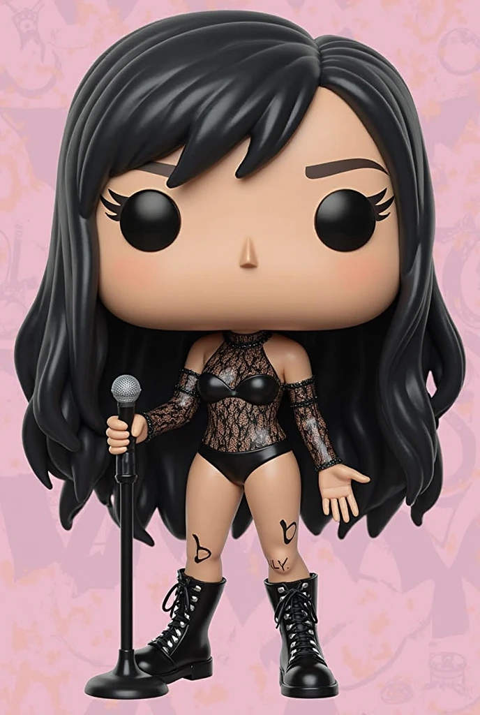 woman, solo, black long hair, black dress with an open neckline, figure, (funko pop:1.3), (masterpiece), (high quality), (best quality), (detailed), hd, perfect lighting, detailed face, detailed body, <lora:FunkoPopStyle:1>