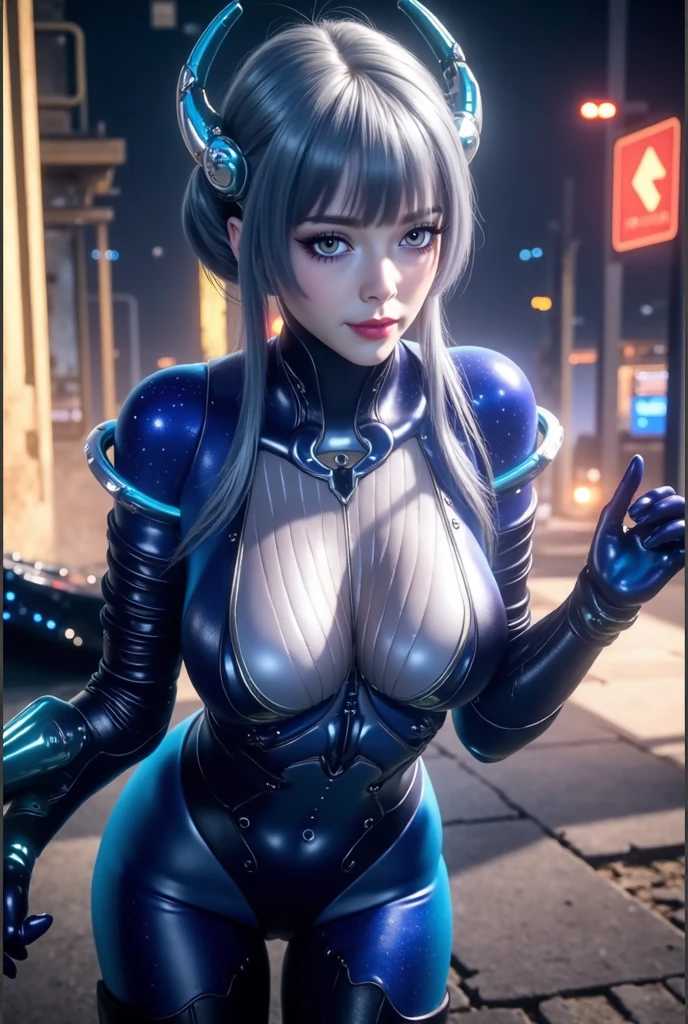(photorealistic:1.8, highest quality:1.8,8K masterpiece:1.8,High resolution,muste piece:1.8,RAW Photos,cinematic lighting,red and purple dream colors),one goddess、(latex armor leotard、choker、Fishnet tights、loafer shoes),
(beautiful detailed blue eyes:1.7,double eyelid:1.6,Beautiful skin with glowing details:1.2), Beautiful shining blonde hair:1.5),
(Looking at Viewer:1.5),(whole body,Photo seen from below:1.5), (midium Hair:1.2,
expression(Sly Smile:1.3,face turns red:1.3),(Moderate chest:1.3),
Pause(back pose:1.3,Seductive pose:1.5),
background(Rainy city alley、neon),plump nipples,Nipples are visible through the costume、(detailed perfect face),anatomically correct,correct move:1.5,correct foot:1.5,4 fingers and 1 thumb in correct proportions,(cameltoe),No split screen,slender abs:1.2,(Young sensual gravure idol)