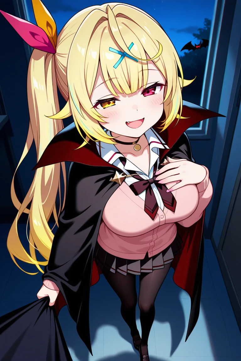 Maka, busty blonde woman with twintails, wearing a skimpy punk outfit, has an evil smile and a crazy face. She has tattoos all over her body, and her provocative attire matches her naughty and slutty personality. The night city serves as the backdrop, with its dazzling lights and vibrant atmosphere. Maka flaunts her belly piercing and wears a seductive collar, adding to her alluring appeal. The artwork should showcase the best quality, with ultra-detailed and realistic features. The colors should be vivid and the lighting should highlight Maka's wicked charm.