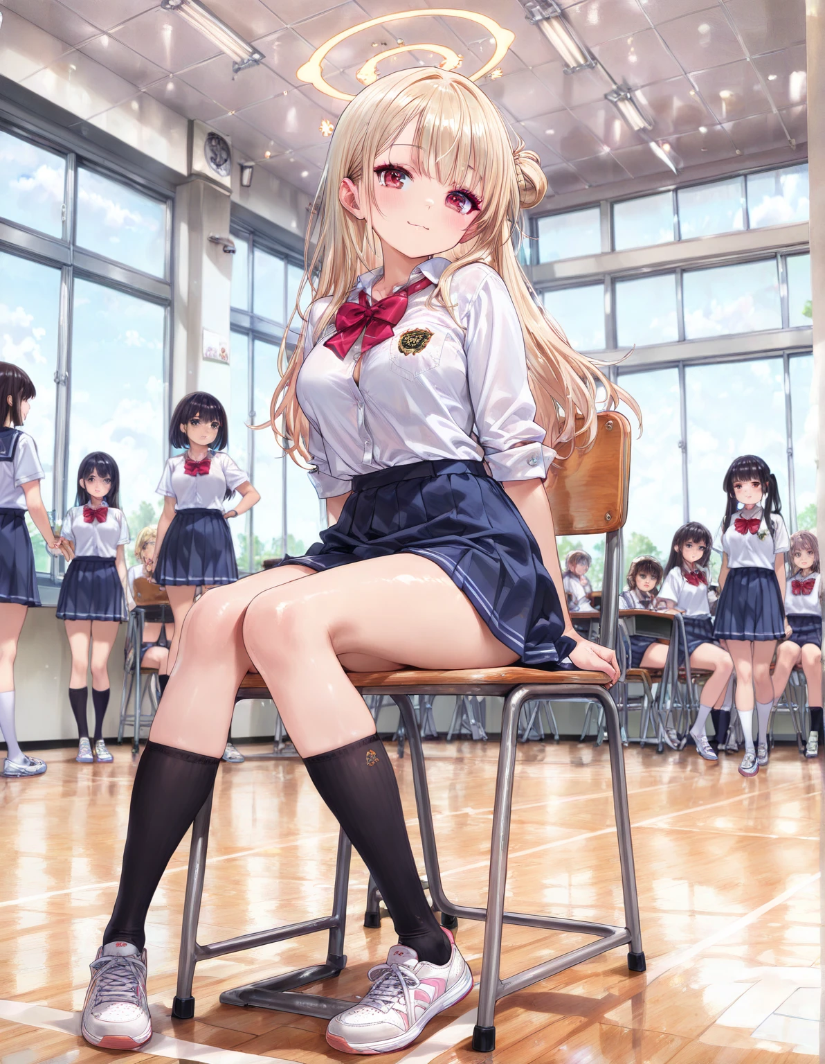 (((Huge breasts :1.3, and droopy breasts:1.4))), 8k, RAW photo, Low angle shot, ((15 years old, very cute schoolgirl in a short skirt and bow tie sitting on school bench)), (Indonesian girl school uniform), (wearing Indonesia school uniform), (Indonesia school uniform), (a hyperrealistic schoolgirl), (dressed as schoolgirl, hyperrealistic schoolgirl), wearing school uniform, realistic schoolgirl, girl wearing uniform, wearing a school uniform, of a schoolgirl posing, full body, nice skin, glowing skin, nice thighs,glowing thigh, glowing legs, ((in a crowded class room))