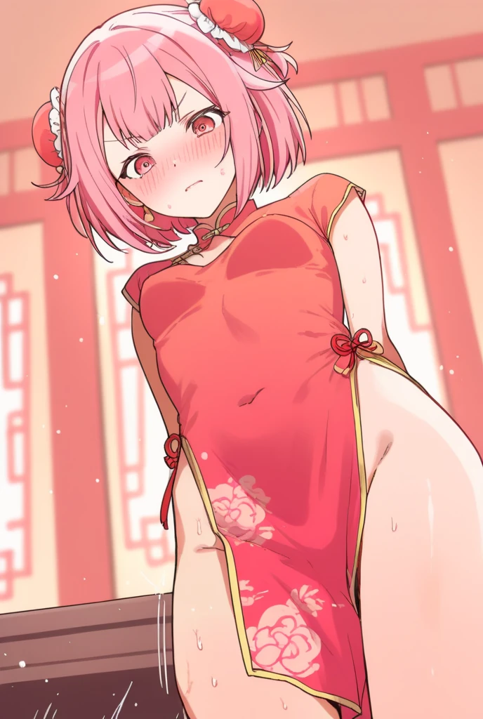 nsfw,((Masterpiece)),((high resolution)),((Best Quality)),Anime illustration,((1girl)),(wavy hair),(short hair),(pale pink hair color),small ponytail,Red eyes,(Big round eyes),((tareme)),12 years old,((loli face)),((very big breasts)),Short stature,,,china dress,blush,I'm very embarrassed,arms up behind,