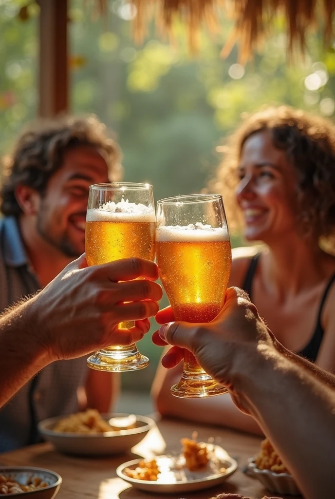 {
  "prompt": "Two friends are clinking their frosty beer glasses in a celebratory toast. The scene captures the moment of contact between the glasses, with condensation and droplets of water on the glasses to emphasize the coldness of the beer. The background is a cozy pub setting with warm lighting, creating a cheerful and inviting atmosphere. Both friends are smiling and wearing casual clothes, and the image conveys a sense of camaraderie and enjoyment. The beer is golden and frothy, with a rich foam on top."
}

