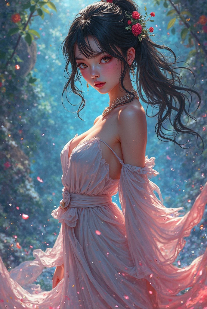 highest quality, Super detailed, (Ultra-high resolution,8K), (Sensual Housewife), (Gravure pose showing her butt), (Beautiful Eyes, (High-quality facial beauty), (In the Storm:1.2), (Photorealistic), (Detailed big breasts), Soft Skin, Glowing Skin, (Satin slip nightdress), Very heavy rain, colorful, Goddess-like beauty, Professional photography techniques