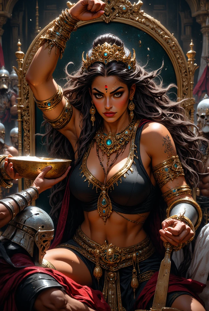 ultra-detailed, (photorealistic: 1.37), Caucasian woman, large breasts, black hair flowing in the wind, warrior woman wielding various divine weapons, BATTLE AGAINST demons and zombies, gold ornaments, pearls and precious stones, Supreme Goddess, smoke and dust , epic atmosphere, heroic pose, excellent lighting
