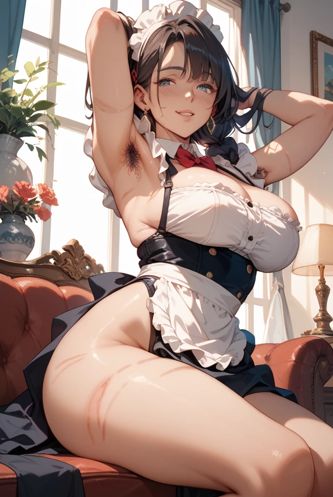 masterpiece、Highest quality、Highest quality, (Long, slender legs, shoes:1.2), (squat, Spread your legs), 1 girl, (smile、Open your mouth大笑い:1.2), Cute eyes, (Detailed face:1.3)、Open your mouth, The whole face turns red, alone, Oversized breasts, Big and ample breasts, (Straight bangs, Bobcut), (White maid outfit:1.2)、(Nipples、Ultra-micro bikini that only covers the bust digs into the skin:1.2)、Side bust、Underbust、belly button、Walking through the mansion'corridor、Browsing Caution、shoes下