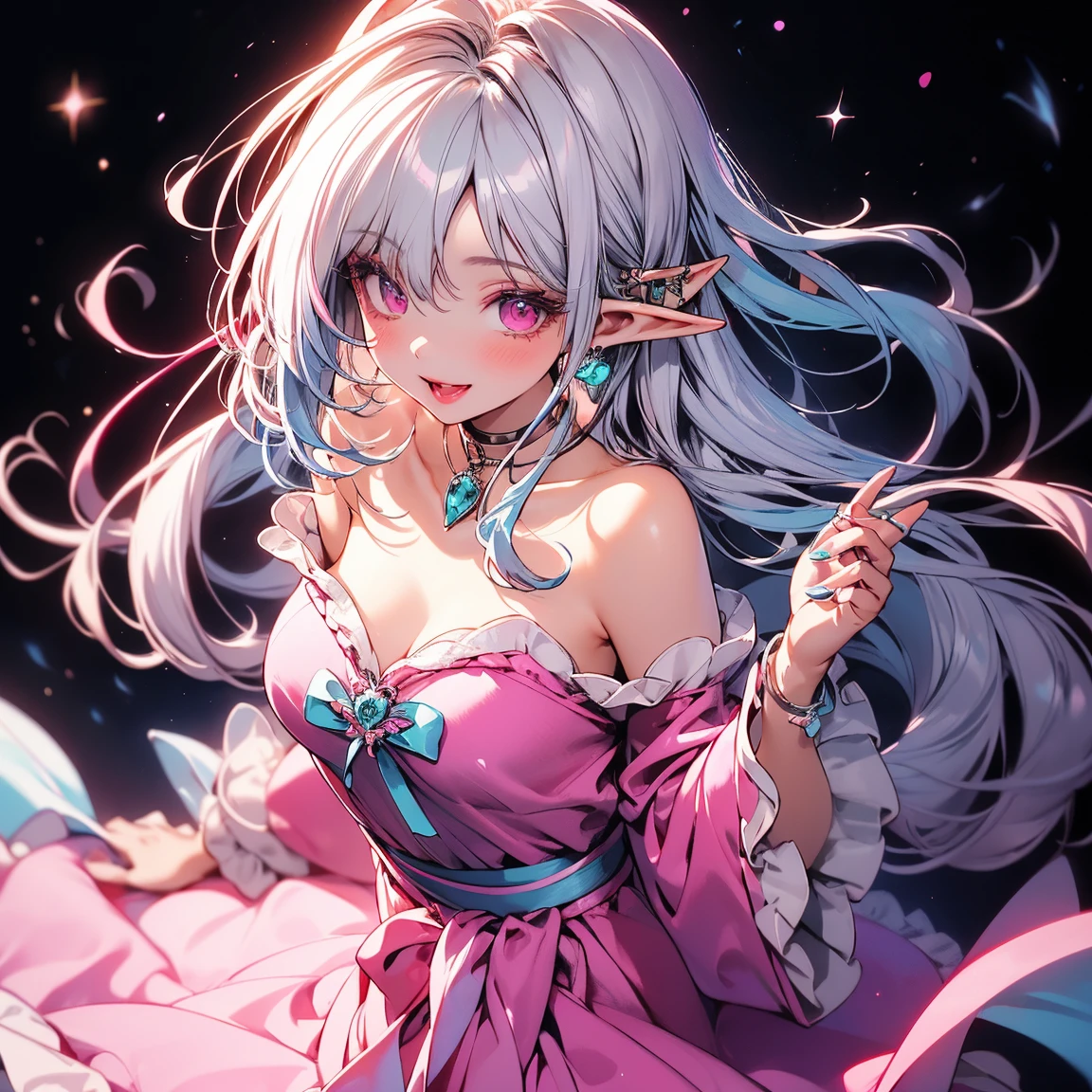 Silver hair, pink eyes, older woman, teal and gold clothes, hair jewl ornament, cat ears, necklace, long hair, smiling face, upper body